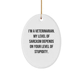 Funny Veterinarian Oval Ornament Gifts from Men to Veterinarian Friends, 'I'm A Veterinarian. My Level Of Sarcasm Depends On Your Level Of Stupidity.' for Christmas - Image 1